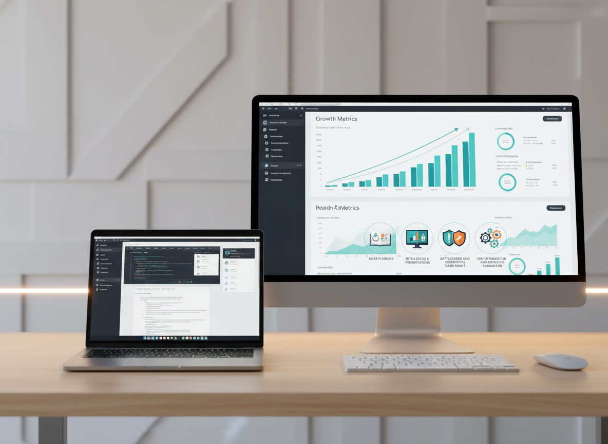 A digital focused desktop with laptop and monitor showing website SEO and SEM analytics for Twenty 4 Design - Website and Digital Marketing Agency